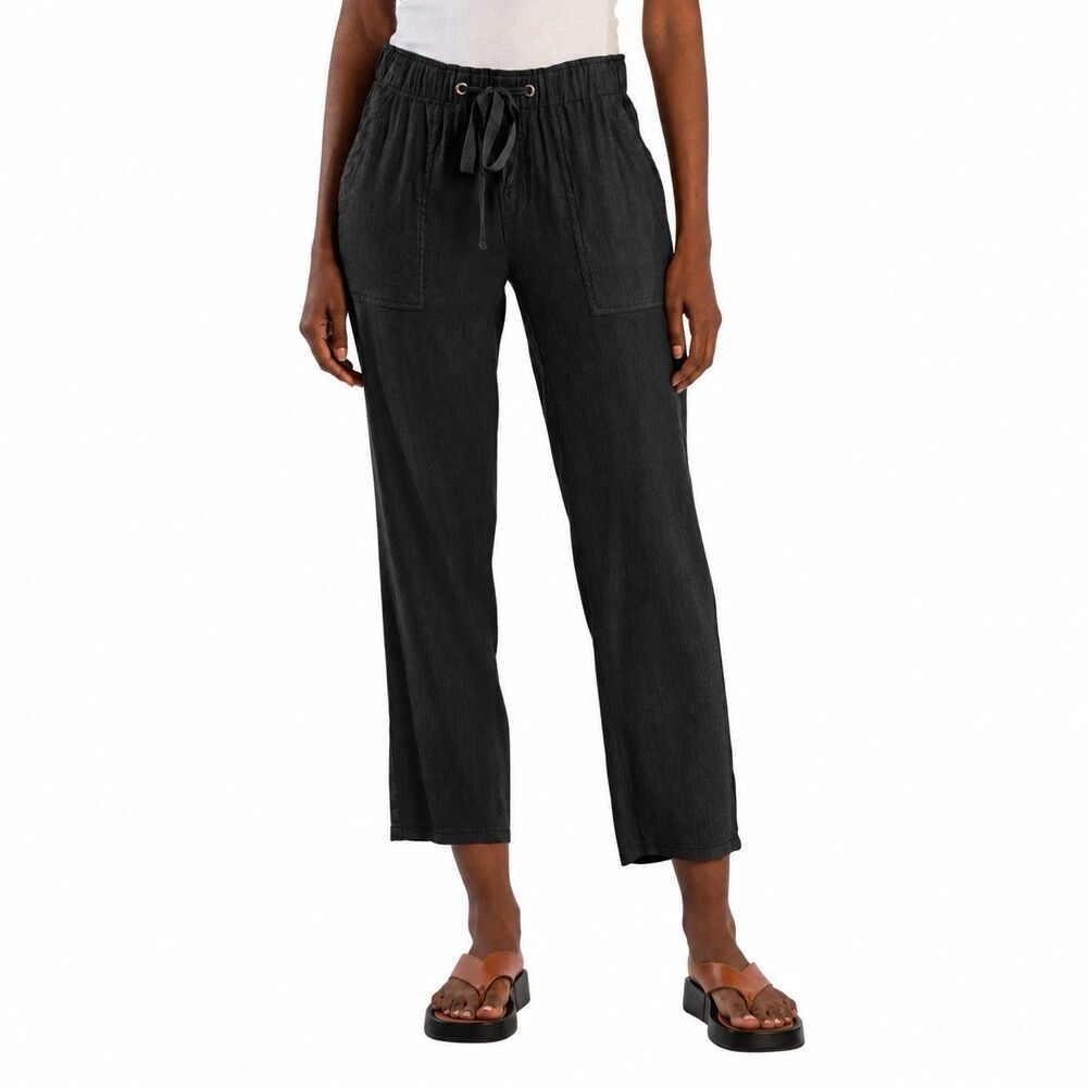 KUT from the Kloth Rosalie Relaxed Black Linen Straight Leg Drawstring Pants S